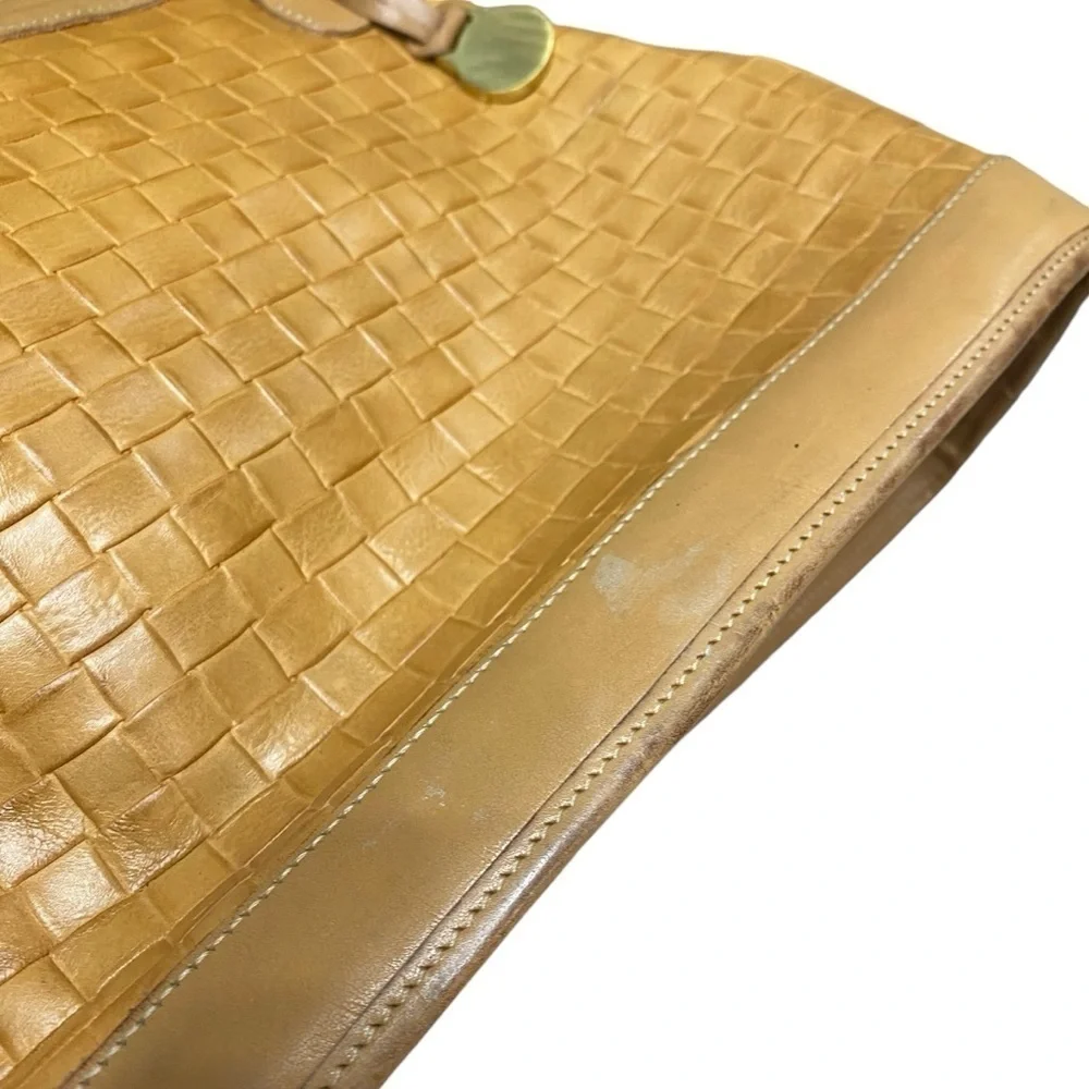 Brahmin Tan Leather Weave Textured Top Carry Shoulder Bag Vintage Bucket Bag